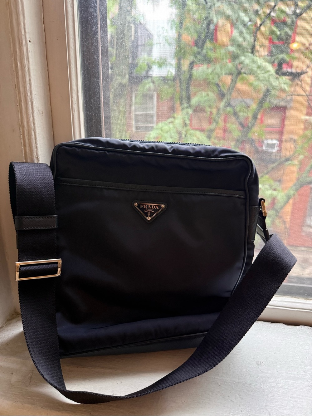 Prada Black Nylon Messenger Bag with Logo Plaque